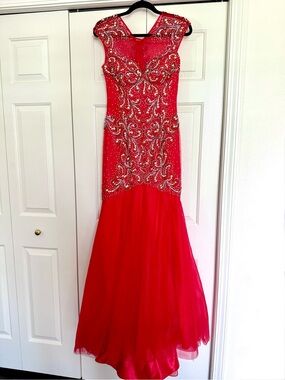 Rachel Allan Red Beaded Mermaid Gown Pageant Prom Formal Dress Size 8 Crys
